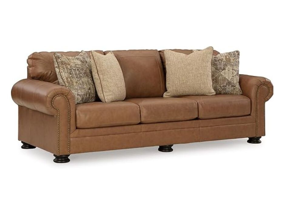 Classic Leather Match Sofa with Nailhead Trim Dark Brown Living Room Couch