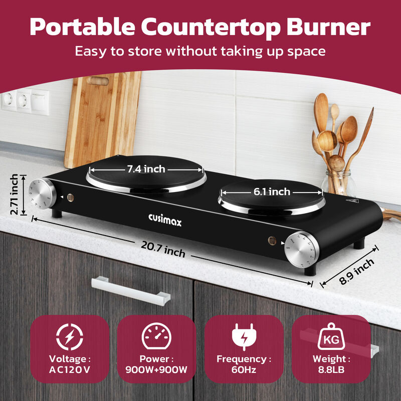 Cusimax 1800W Stainless Steel Electric Hot Plate, Portable Electric Stove, Double Burner for Cooking, Countertop Cooktop image number 2