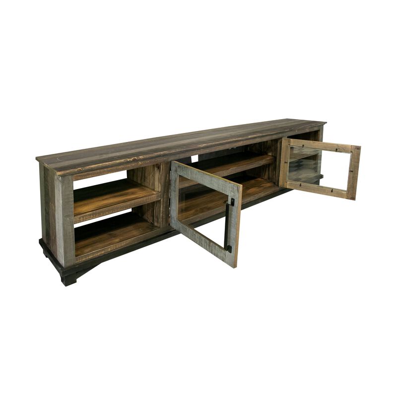 Peya 93 Inch TV Media Entertainment Console, Fixed Shelves, Glass Doors - Benzara