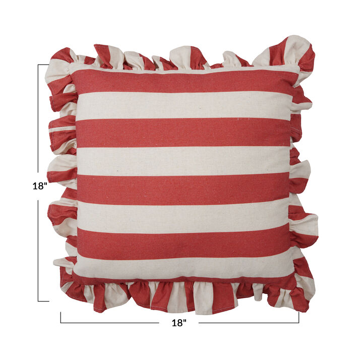 Striped Ruffled Pillow in Red and White Polyester