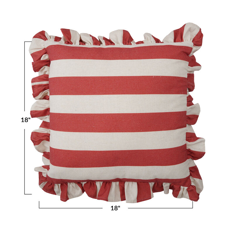 Striped Ruffled Pillow in Red and White Polyester image number 1