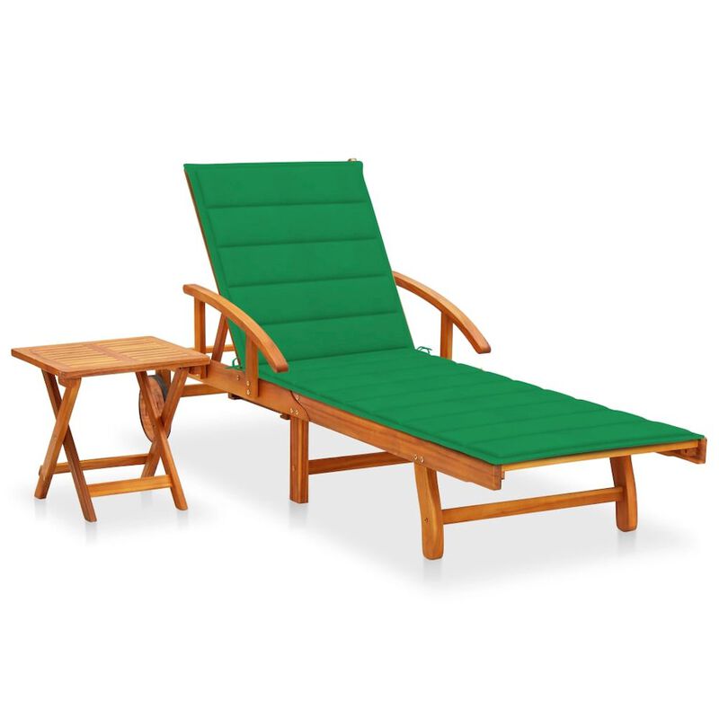 Sunlounger With Table Green Solid Acacia Wood Extra Long