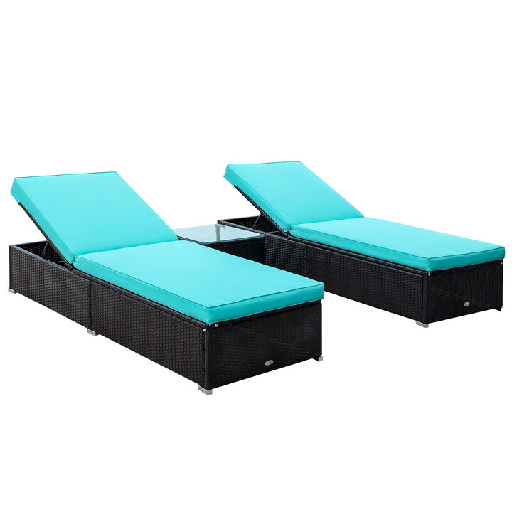 Outsunny Chaise Lounge Set of 2 with 5 Angle Backrest, Outdoor Coffee Table, Water Repellent Cushions, PE Rattan Wicker Poolside Chairs, 3-Piece Pool Furniture Set, Turquoise