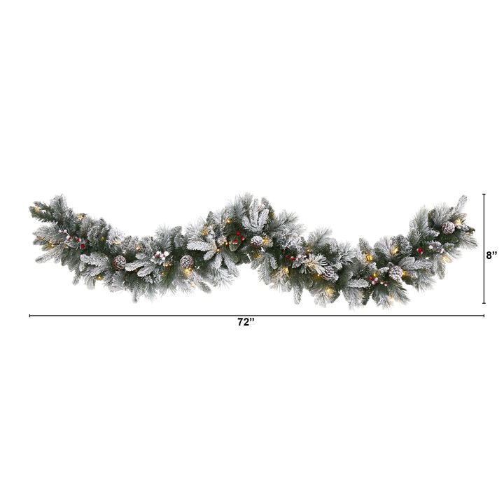 HomPlanti 6" Flocked Mixed Pine Artificial Christmas Garland with 50 LED Lights, Pine Cones and Berries