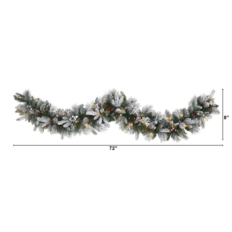 HomPlanti 6" Flocked Mixed Pine Artificial Christmas Garland with 50 LED Lights, Pine Cones and Berries