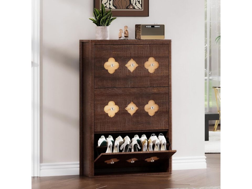 Slim Entryway Wood Shoe Storage Cabinet Flip Drawer Brown