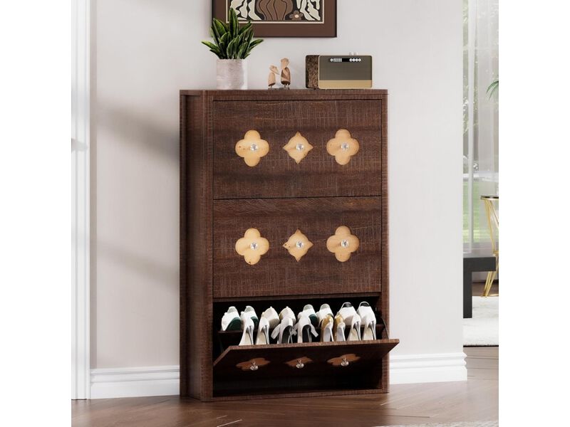 Slim Entryway Wood Shoe Storage Cabinet Flip Drawer Brown image number 1