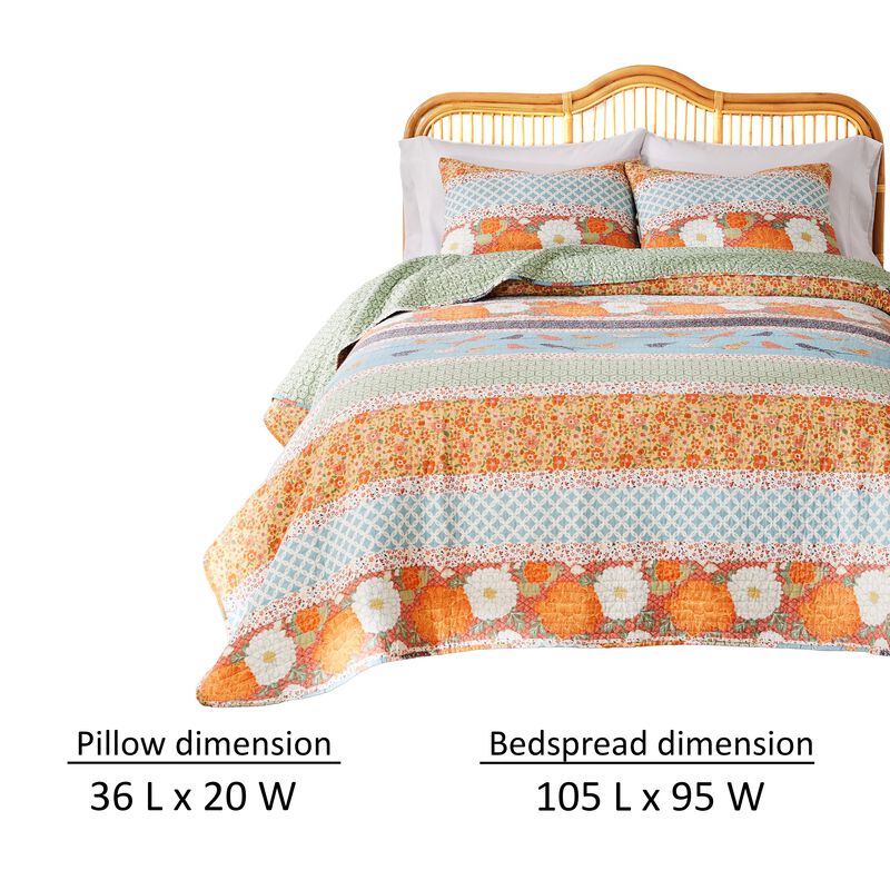 Nite 3pc King Quilt Set, Calico Floral Songbird Pattern, Cotton Microfiber - Benzara