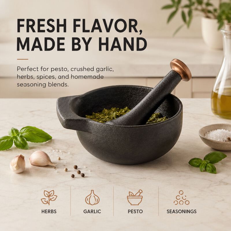 Alva Nori Enameled Cast Iron Mortar and Pestle 2Cups 4"  - Easy to Clean and Made without PFAS, PFOA & PTFE - Traditional Kitchen Tool Used for Grinding, Crushing, and Mixing Ingredients image number 6
