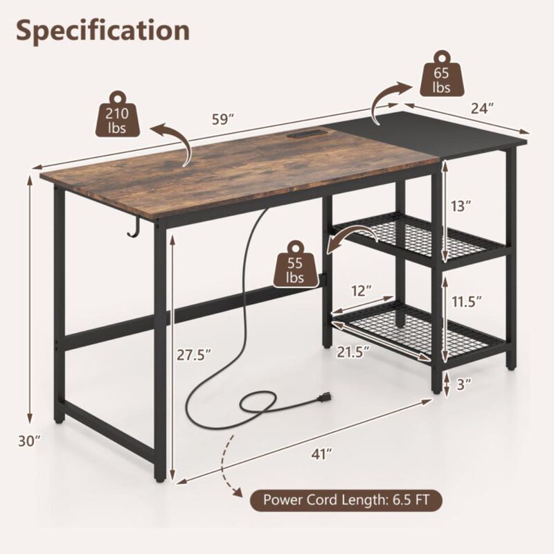 Hivvago 59 Inch Industrial Computer Desk with 2 Tier Storage Shelves for Home Office