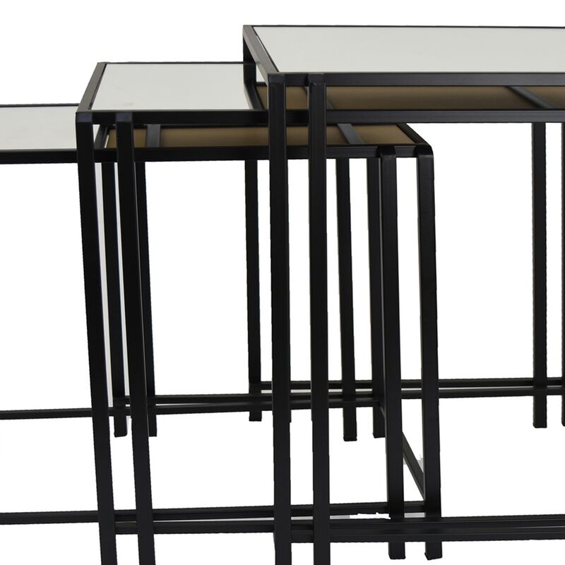 Buckley Nesting Plant Stand Table Set of 2, Black Metal, Mirrored Top - Benzara