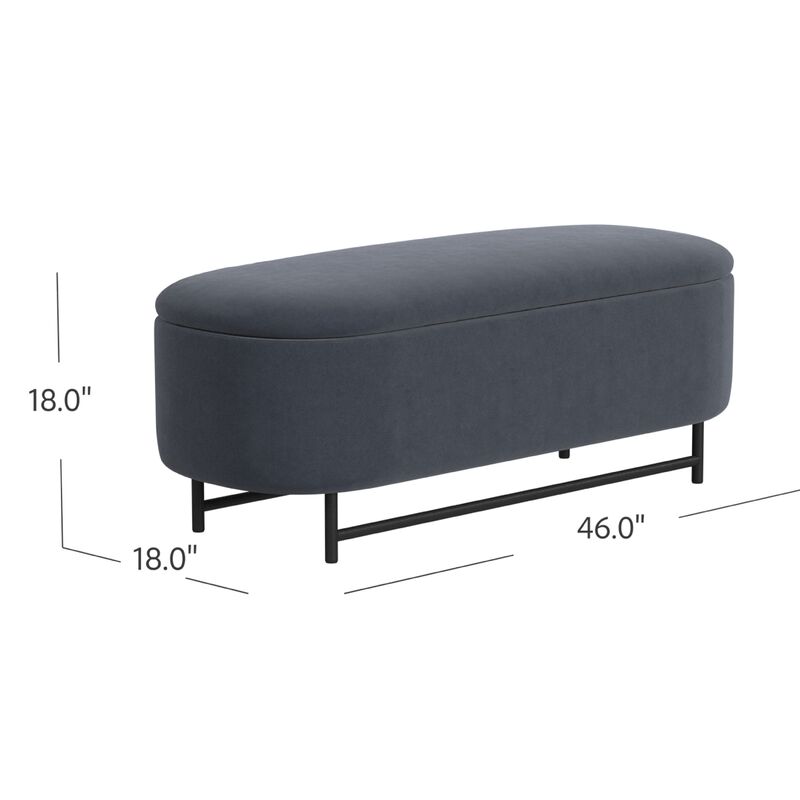 Pat Storage Bench Ottoman, Steel Blue Velvet, Black Metal, 46 Inch image number 4