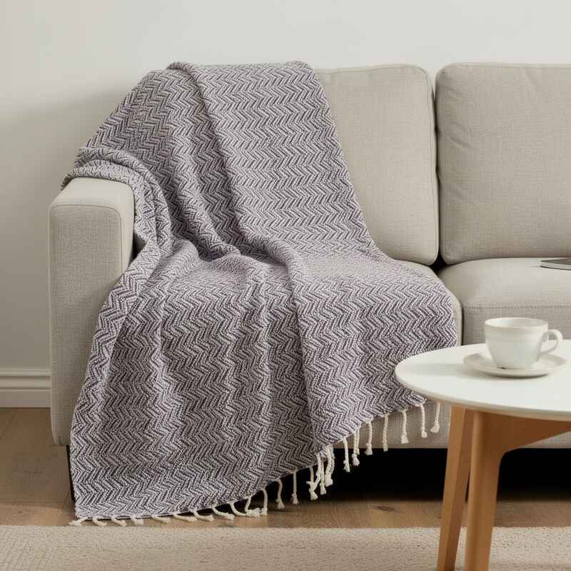 HomeRoots 50" X 60" Purple Cotton Woven Chevron Throw Blanket with Fringe image number 1