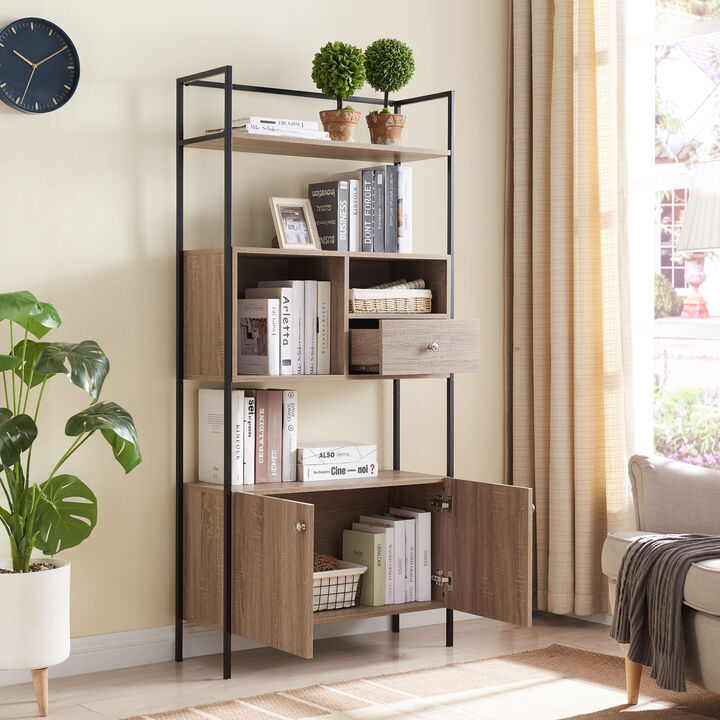 66 Inch 3 Tier Etagere Bookcase with Open Compartment, Cabinet, Black Metal Frame, Light Natural Brown-Benzara
