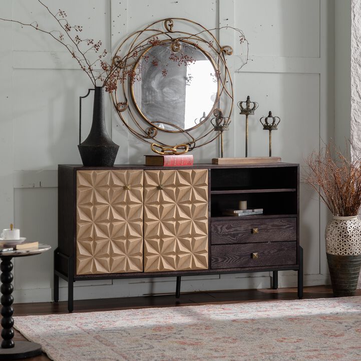 Mid-Century 56.3" Geometric Sideboard &ndash; 2 Doors, 2 Drawers,