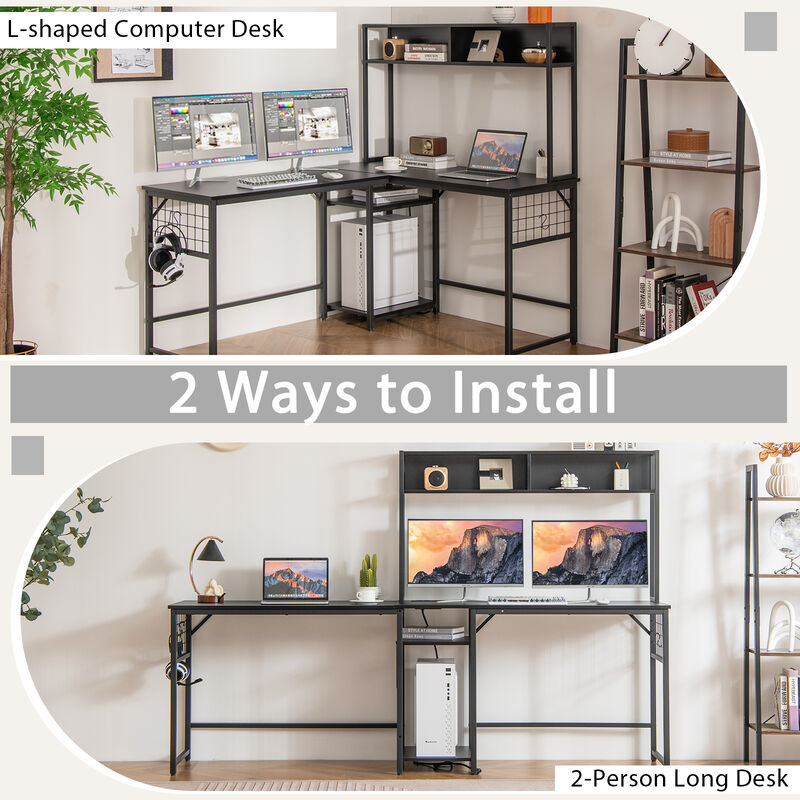 L-shaped Desk with Power Outlet Hutch
