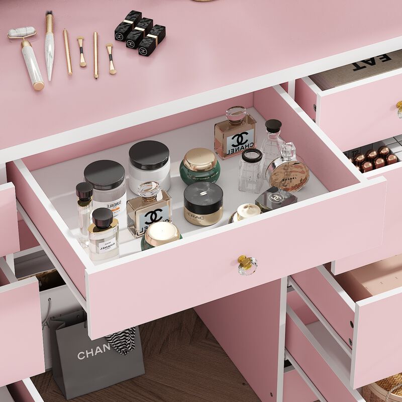 FUFU&GAGA 43.3" Pink Makeup Vanity with LED Mirror, 9 Drawers and Adjustable Storage (43.3" W x 53.9" H x 19.7" D),Pink