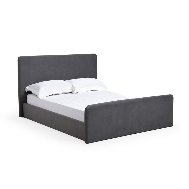 Cave California King Size Platform Bed, Velvet Upholstered, Charcoal Gray - Benzara