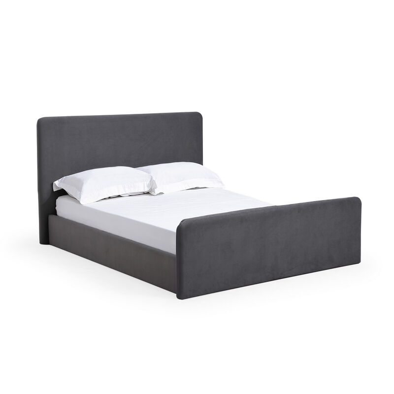 Cave California King Size Platform Bed, Velvet Upholstered, Charcoal Gray - Benzara