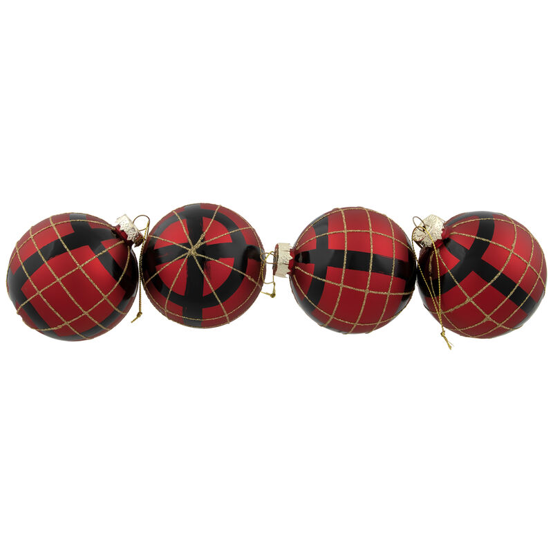 4ct Red  Black and Gold Plaid Glass Ball Christmas Ornaments 3.25" image number 7