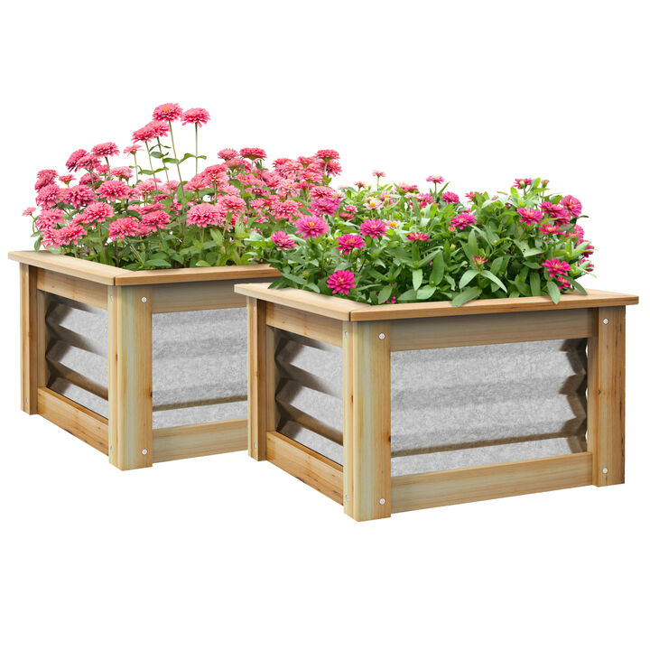 Outsunny Raised Garden Bed Set of 2, Outdoor Planter Box, Galvanized Metal Reinforced with Wood, Stock Tanks for Growing Flowers, Herbs and Vegetables