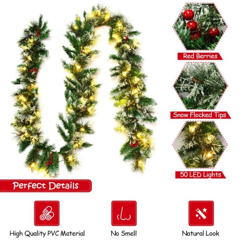 Hivvago 9 Feet Pre-lit Snow Flocked Tips Christmas Garland with Red Berries
