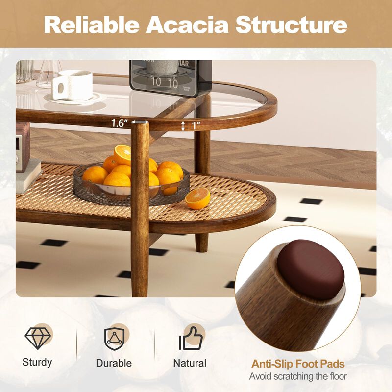 Giantex Boho Rattan Coffee Table - Acacia Wood Center Table with Tempered Glass Tabletop & PE Rattan Storage Shelf, 2-Tier Oval