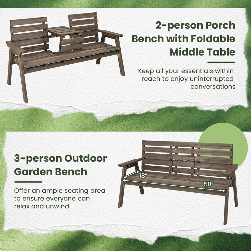Outdoor Fir Wood Bench with Foldable Middle Table-Grey