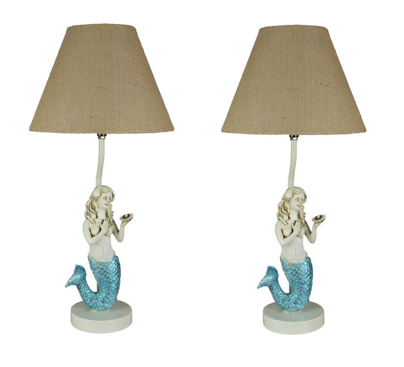 Set of 2 Blue Glitter Tail Mermaid Table Lamps Coastal Beach Decor Burlap Shade