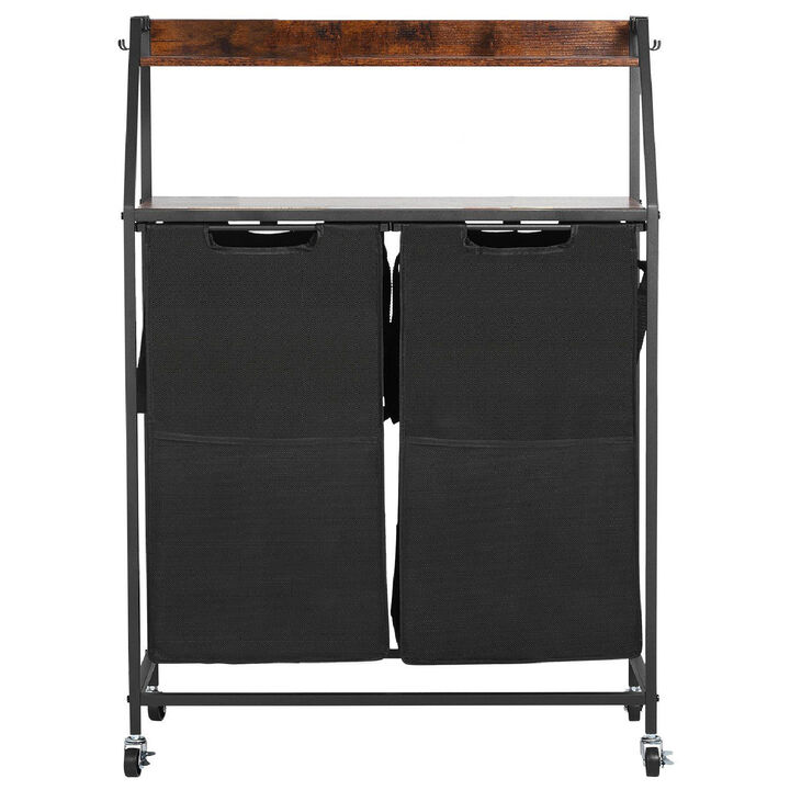 2 Section Rolling Laundry Sorter with Shelves, Oxford Cloth Bags and Wooden Top-Black