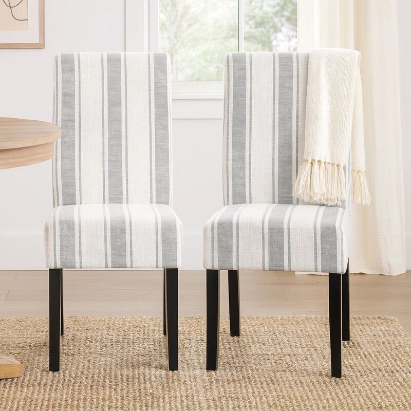 Dinner Chair Set of 2, Retro Style Armless Design, White Gray Stripes image number 1