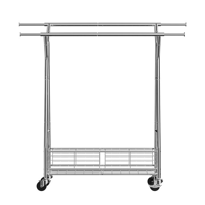 Heavy Duty Clothes Rack with Wheels Double Rods and Storage Basket