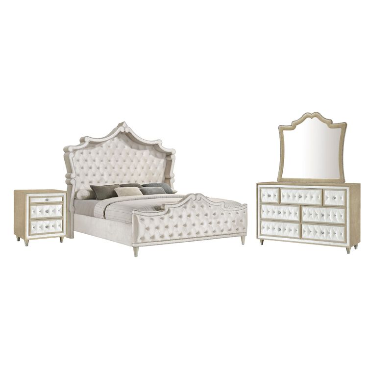Lino 4 Piece Queen Bedroom Set, Classic Ivory White Velvet Upholstery