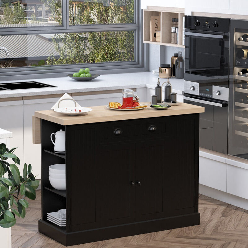 Black Kitchen Island: Freestanding Table with Drop Leaf and Storage