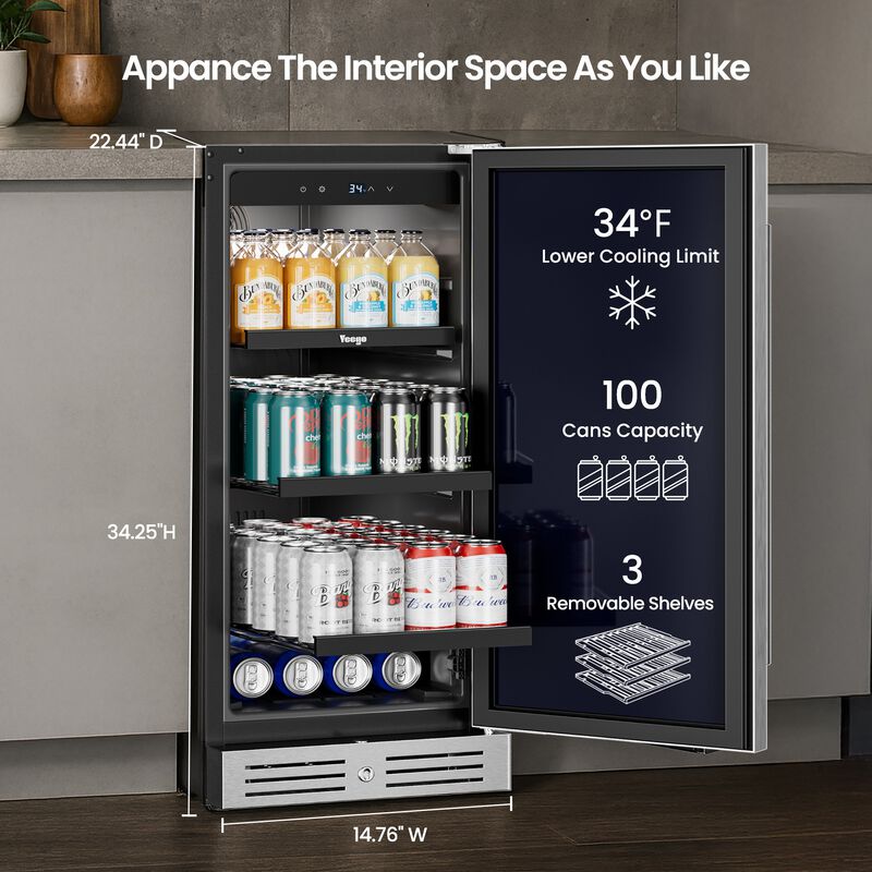 15 inch Beverage Refrigerator, 100 Cans Beverage Fridge , Stainless Steel Indoor/Outdoor Refrigerator image number 6
