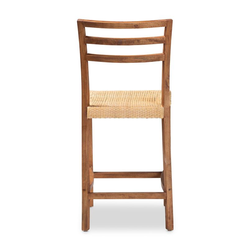 Baxton Studio Arthur Mid-Century Modern Walnut Brown Mahogany Wood and Natural Rattan Counter Stool