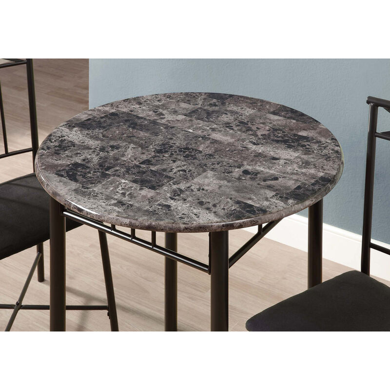 Monarch Specialties I 3065 Dining Table Set, 3pcs Set, Small, 30" Round, Kitchen, Metal, Laminate, Grey Marble Look, Black, Transitional
