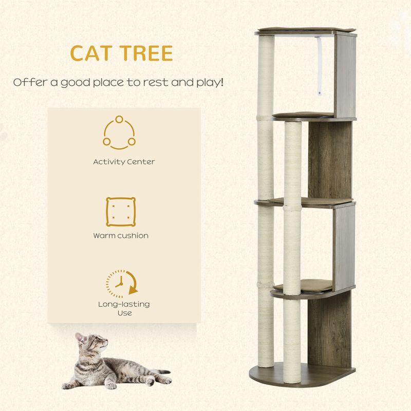65" Multi-Lever Cat Tree, Activity Center Cat Tower with Jute Scratching Posts, Four Mats, Elevated Perches, Cream White