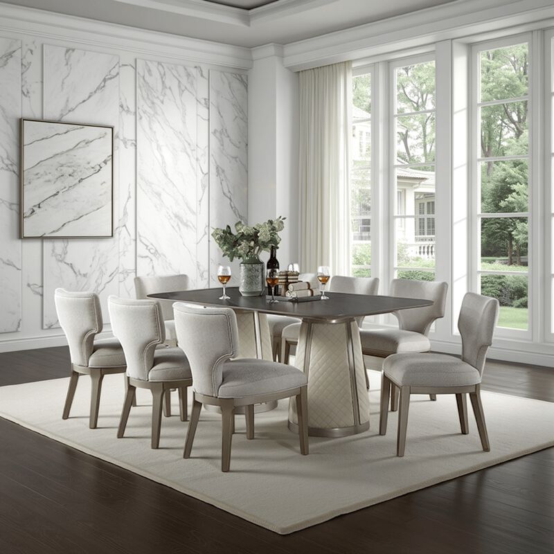 Kyna Dining Table, Gray, 82 Inch Black Sintered Stone Rectangular Top - Benzara