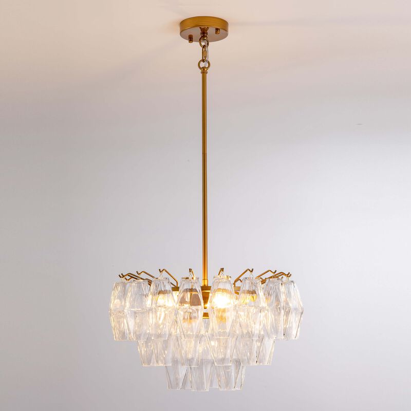 Hilaria Medium-gloss Brushed Brass Finish 3-Light Multi-faceted Clear Glass Shade Round Tiered Chandelier image number 5