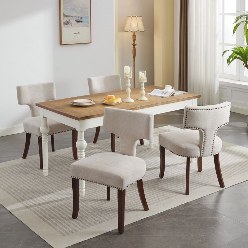 Whisen Set of 2 Mid Century Modern Dining Chairs, Linen Upholstered Curved Back Accent Chairs with Hardwood Frame & Copper Nails for Kitchen image number 4