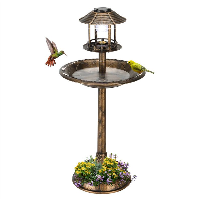 Outdoor Birdbath with Solar Light &ndash; Weathered Patina Garden Decoration