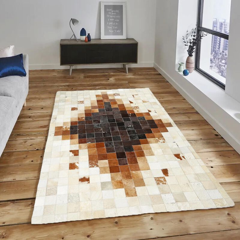Brown and Cream Ombre Diamond Pattern Cowhide Patchwork Rug image number 2
