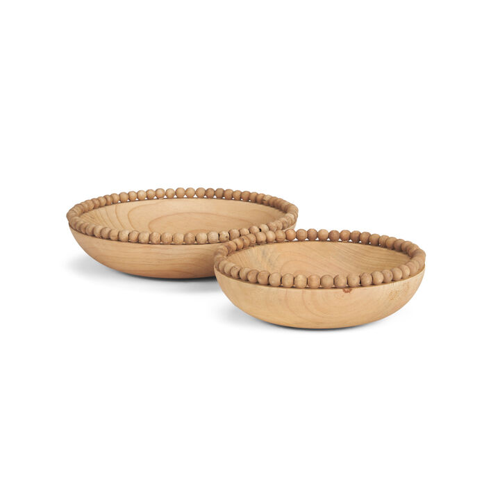 HomeRoots Set of Two Brown Solid Wood Beaded Edge Round Centerpiece Bowl