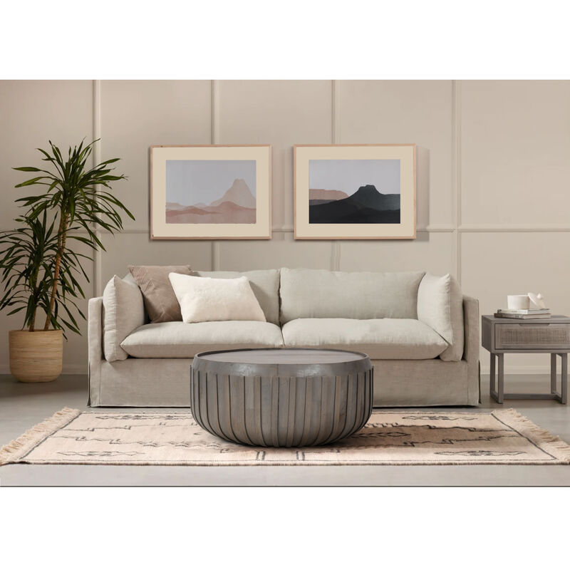 Alisha 36 Inch Coffee Table, Handcrafted Drum Shape with Ribbed Edges, Gray Mango Wood