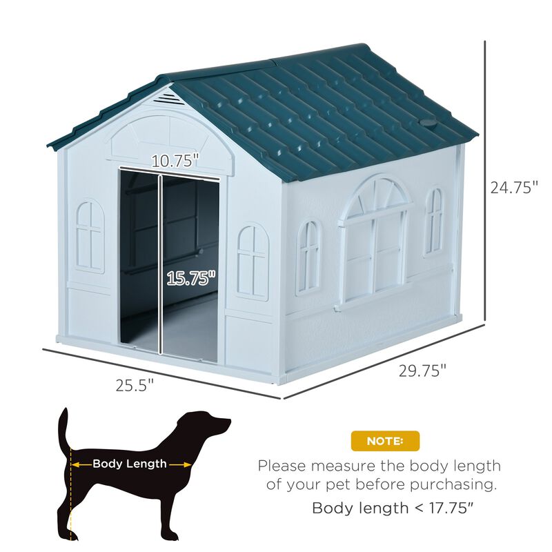 Water-Resistant Plastic Dog House Outdoor with Door Opening, Puppy Kennel for Small to Medium Sized, Easy to Assemble, Blue