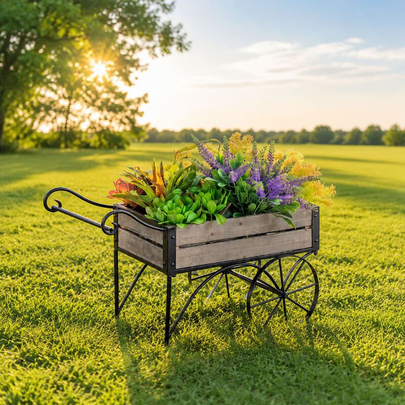 WOW PIONEER Rustic Trolley Cart Plant Stand with Pine Wood Shelves and Iron Frame for Indoor Patio Porch Greenhouse Plant Display image number 3