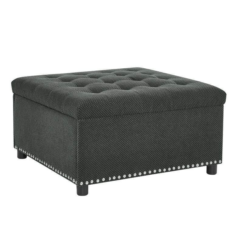 Square Storage Ottoman with Tufted Top & Nailhead Trim, Footstool, Dark Grey image number 0