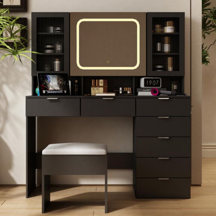 Large Vanity Table Set with LED Lighted Mirror – Elegant Makeup Desk with Ample Storage and Cushioned Stool