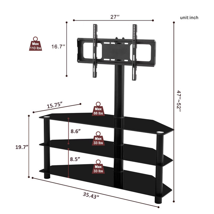 35.4 inch Black Multi-function TV Stand Height Adjustable Bracket Swivel 3-Tier